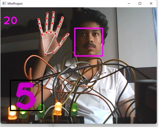 Hand landmarks and a face bounding box detected on webcam, driving LEDs through an Arduino