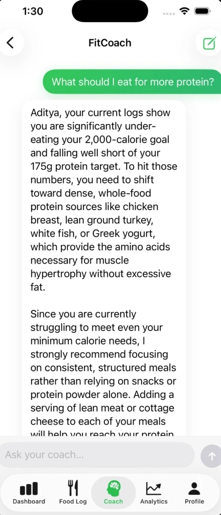 FitCoach answering a protein question using the user's own logged data