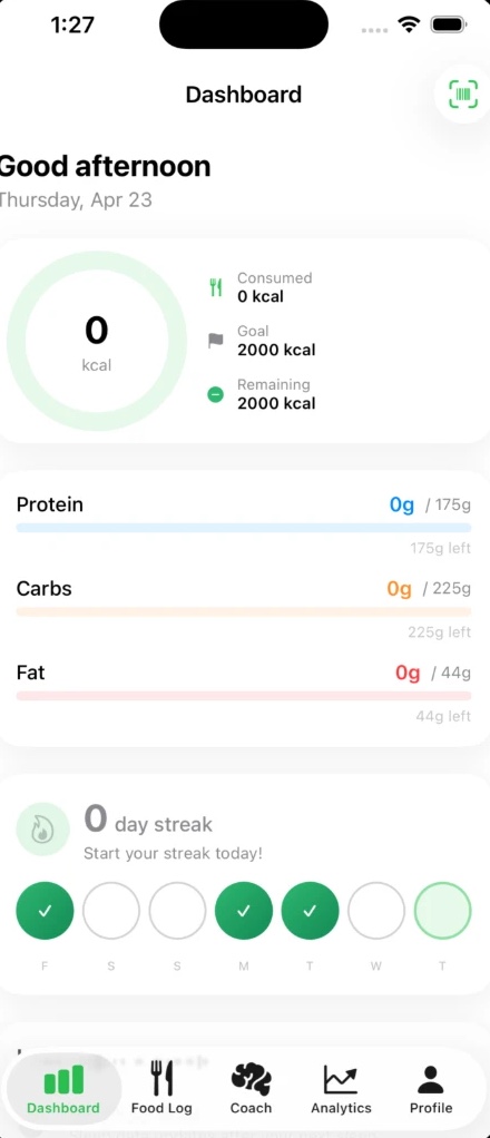 FitandFine dashboard: calorie ring at 0 of 2000 kcal, protein, carb and fat bars, and a weekly streak row