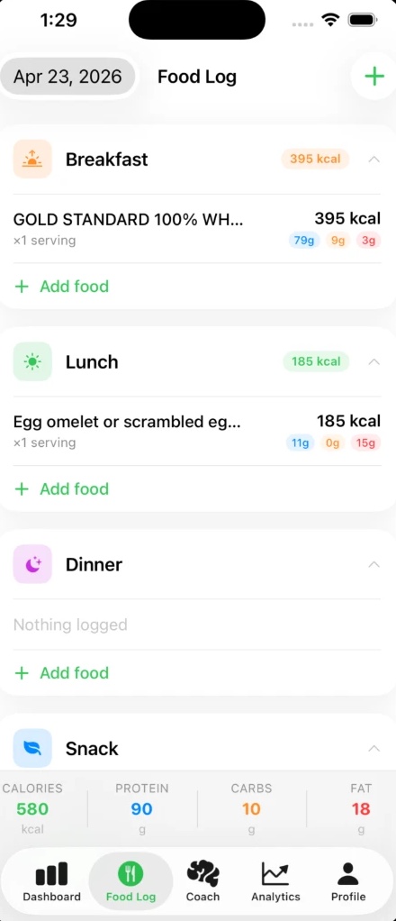 FitandFine food log grouped into breakfast, lunch, dinner and snack with per-item macro chips