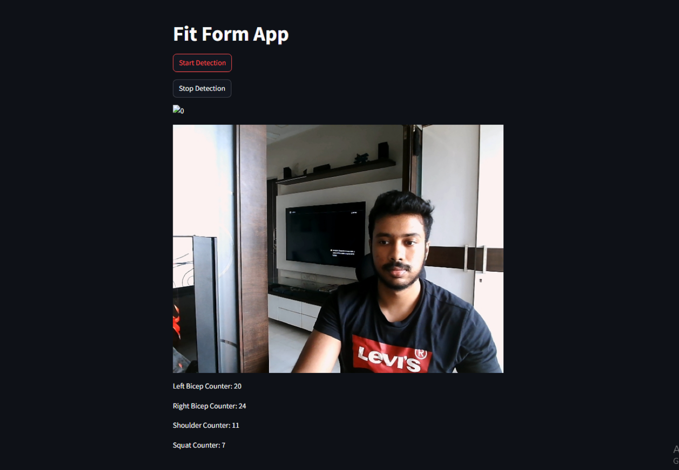 FitForm interface showing the live webcam feed with per-exercise repetition counters