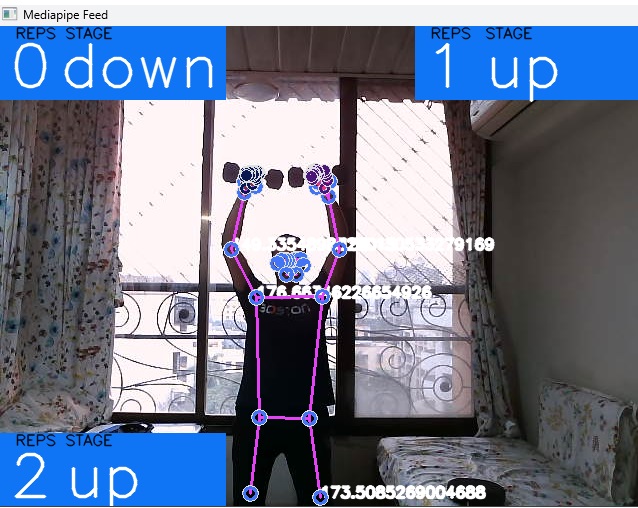 FitForm counting dumbbell reps with a pose skeleton overlaid on the webcam feed